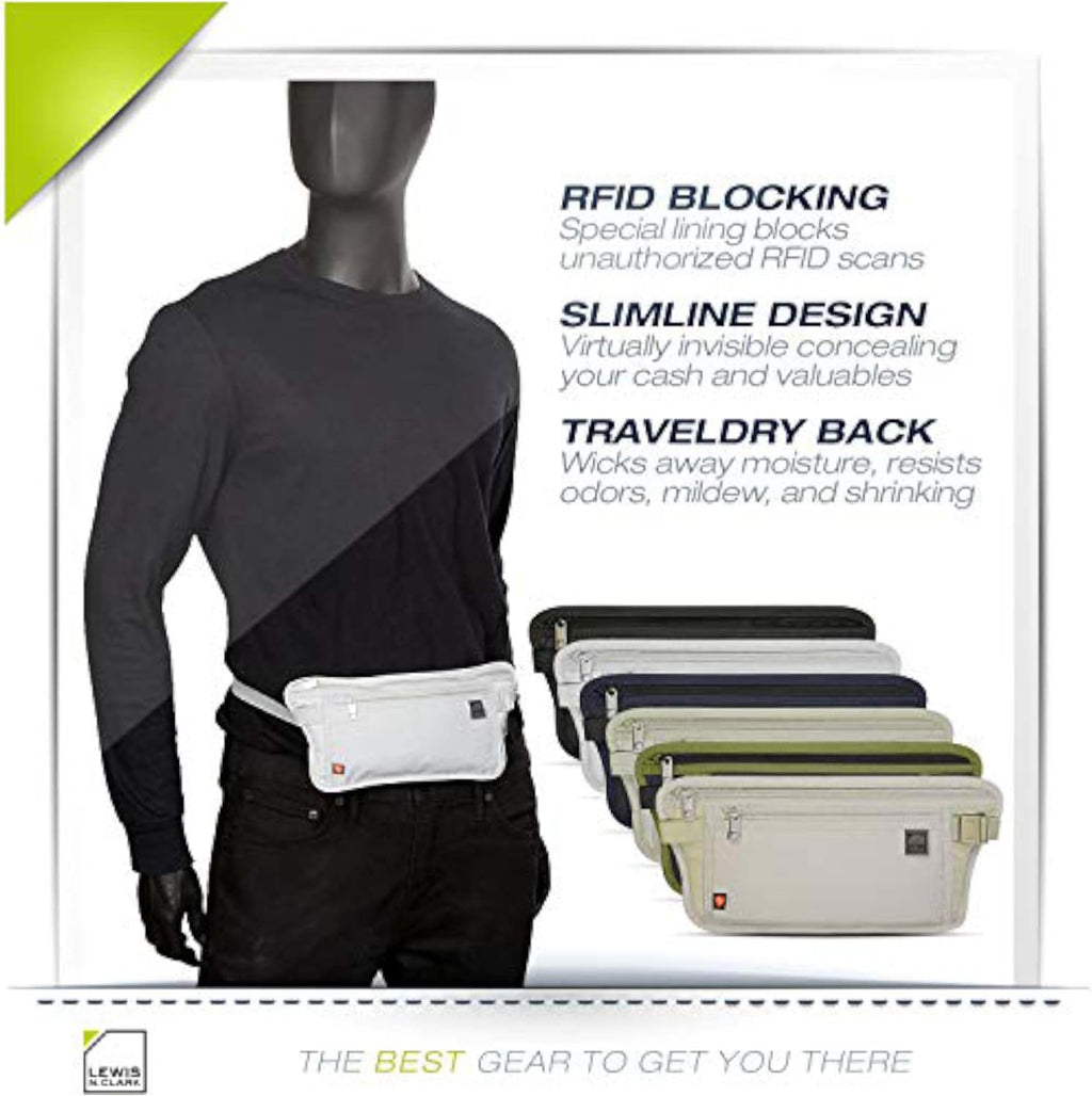 Lewis N. Clark Travel Money Belt Pouch, Slim RFID Blocking Anti Theft Waist Stash Pouches for Cash, Cards and Passport Holder
