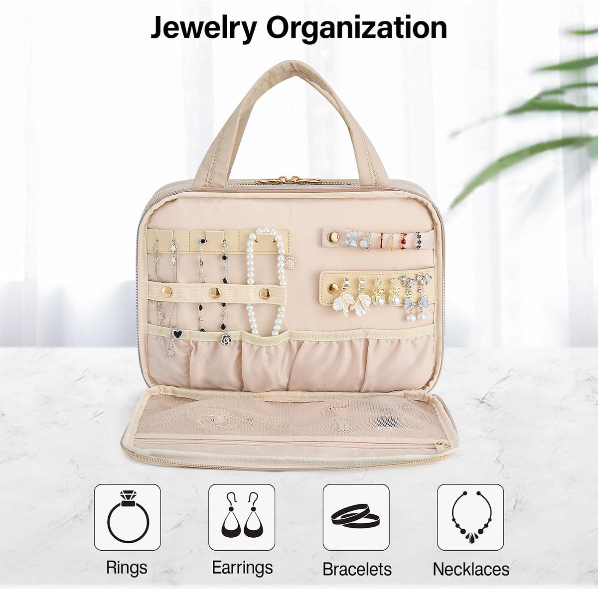 Hanke Hanging Travel Toiletry Bag with Jewelry Organizer, Apricot