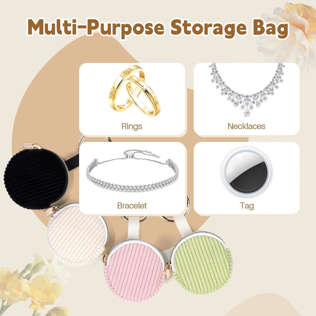 Jewelry Ring Holder Keychain, Portable Jewelry Holder Storage Box with Buckle, Corduroy Small Travel Ring Keeper Case for Rings, Earrings, Stud, Necklaces (Rose Red)