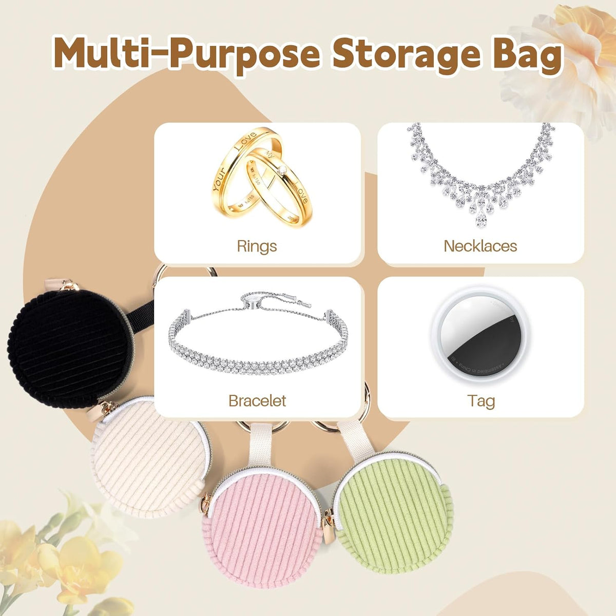 Jewelry Ring Holder Keychain, Portable Jewelry Holder Storage Box with Buckle, Corduroy Small Travel Ring Keeper Case for Rings, Earrings, Stud, Necklaces (Rose Red)