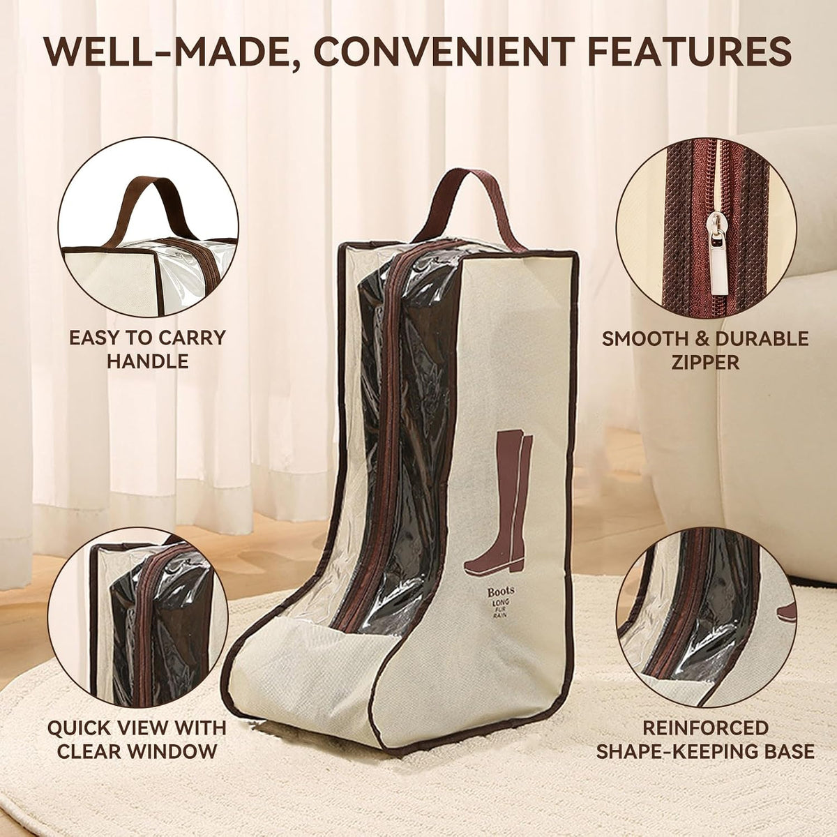 Tall Boot Storage Bag Organizer for Closet and Travel, Portable Dustproof Bags for Cowboy (4 Pcs Beige Short & Long Boot)