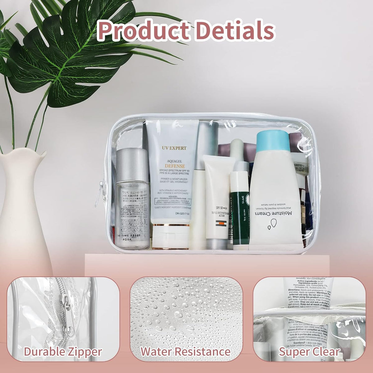 TISRATOK 24 PCS Clear Toiletry Bag for Women Men, Transparent Cosmetic Bag for Travel Makeup Organizer TSA Approved Pouch - White,Medium