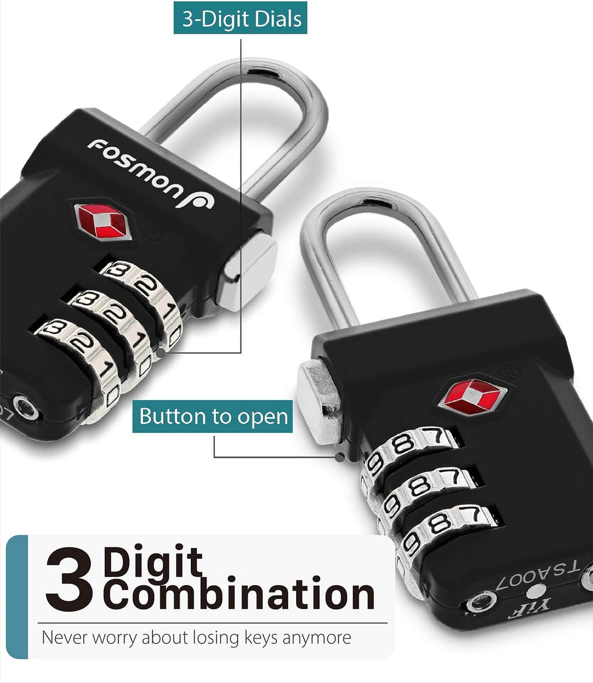 Fosmon TSA Approved Luggage Locks, 3 Digit Combination, 1 Pack Black