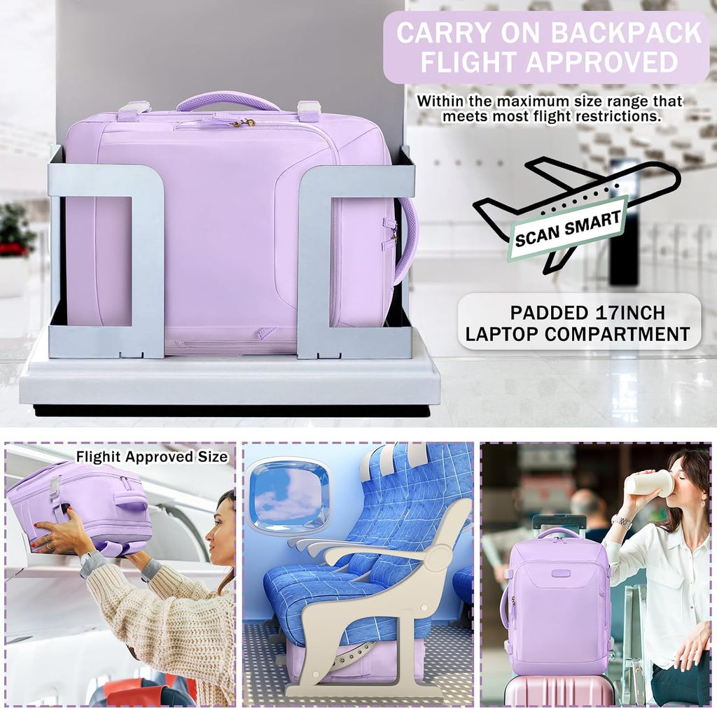 Carry on Backpack, 40L Flight Approved Large Travel Laptop Backpack, 17 Inch Water Resistant Luggage Computer Daypack College Weekender Overnight Bag for Men & Women, purple