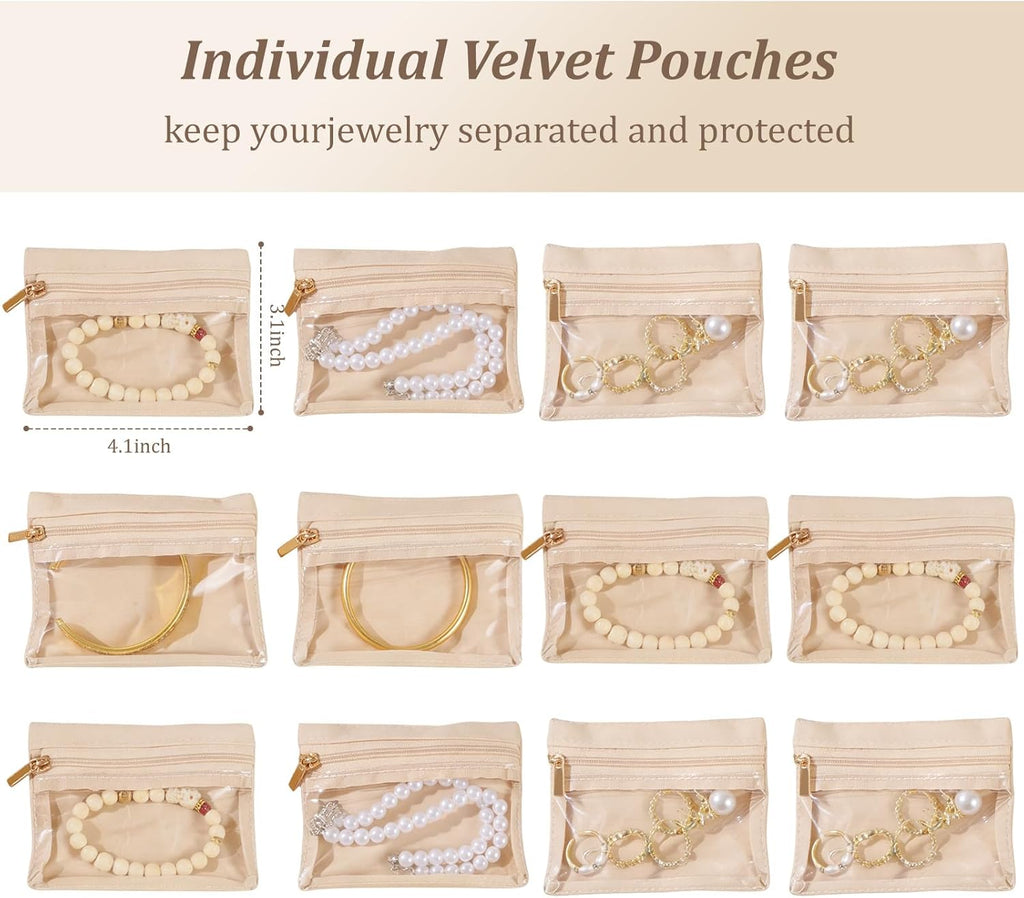Travel Jewelry Case with 12 Velvet Zipped Pouches Bags, Hot Pink