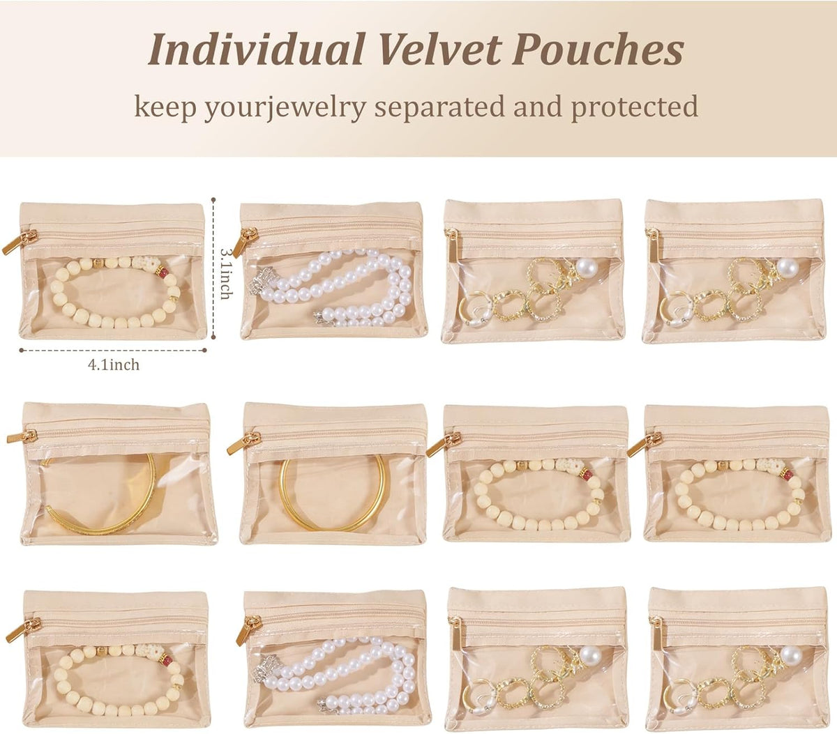 Travel Jewelry Case with 12 Velvet Zipped Pouches Bags, Hot Pink