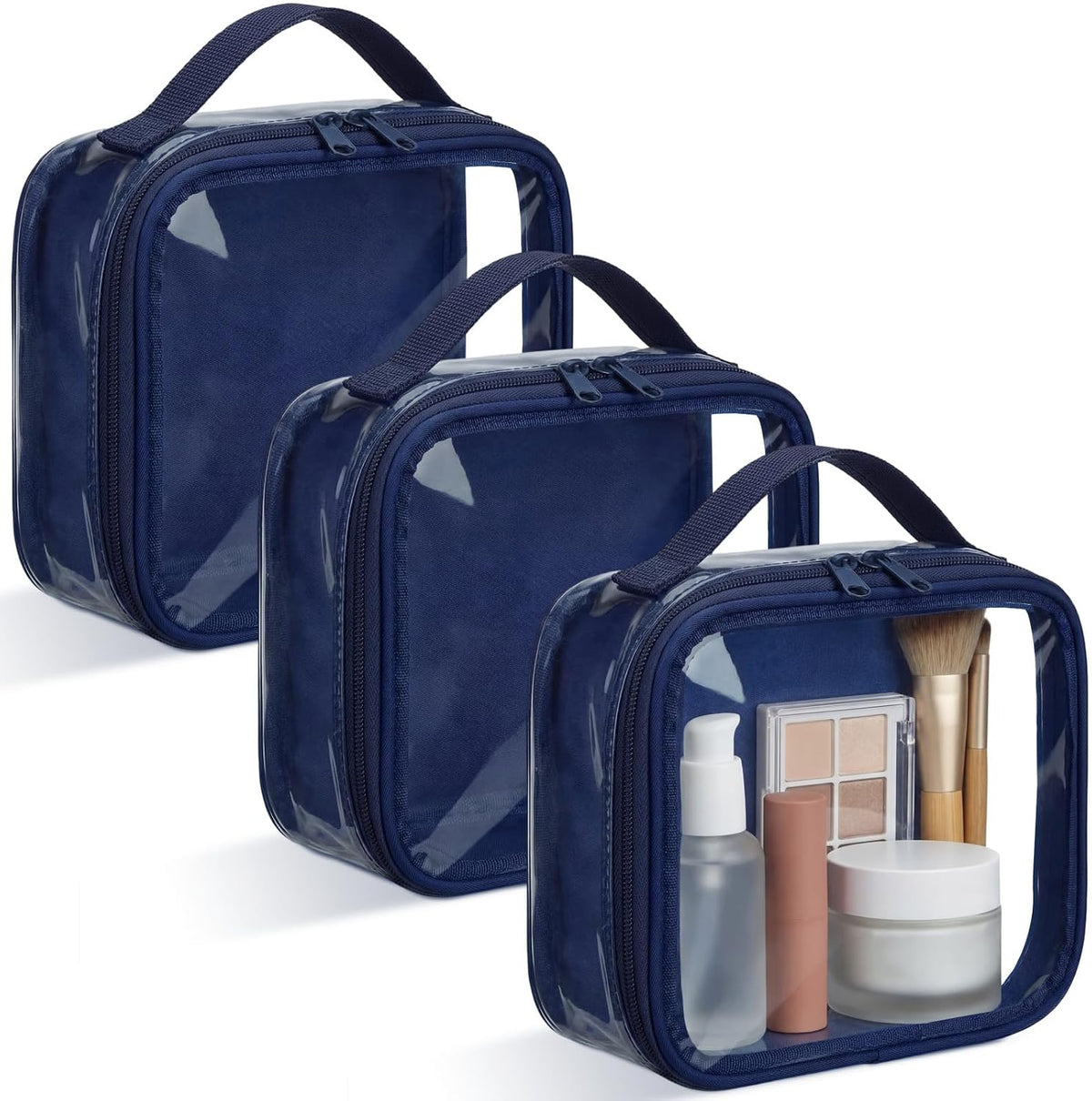 Abbylike 3 Pcs Small Toiletry Bags Reusable Quart Size Travel Liquid Pouch Single-sided Clear PVC Carry-on Organizer with Handle Cosmetic Bags for Airport Security Women Men(Navy Blue)