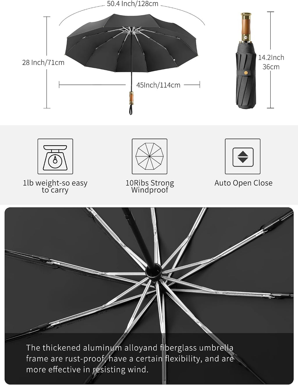 Rain Cats Large 45/50 Inch Umbrellas for rain Strong10 Ribs Fiberglass Umbrella Windproof Wabig Compact Automatic portable Folding Travel Thick Fabric Wood handle