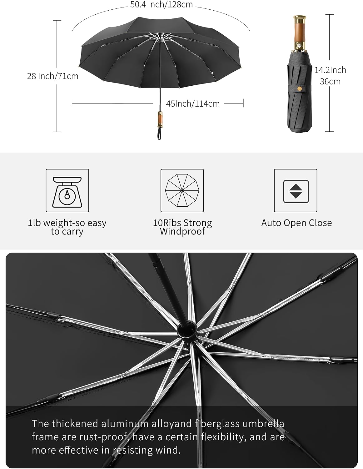 Rain Cats Large 45/50 Inch Umbrellas for rain Strong10 Ribs Fiberglass Umbrella Windproof Wabig Compact Automatic portable Folding Travel Thick Fabric Wood handle