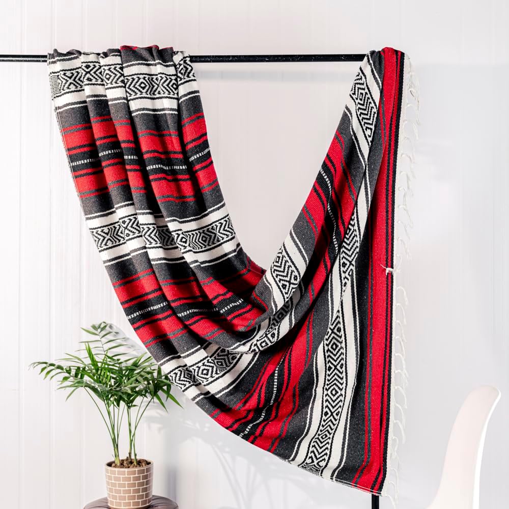 Airooglee 69" L x 51" W Large Mexican Blanket - Perfect as Yoga Outdoor Beach Serape Picnic Camping Woven Blanket, Boho Home Décor - Red