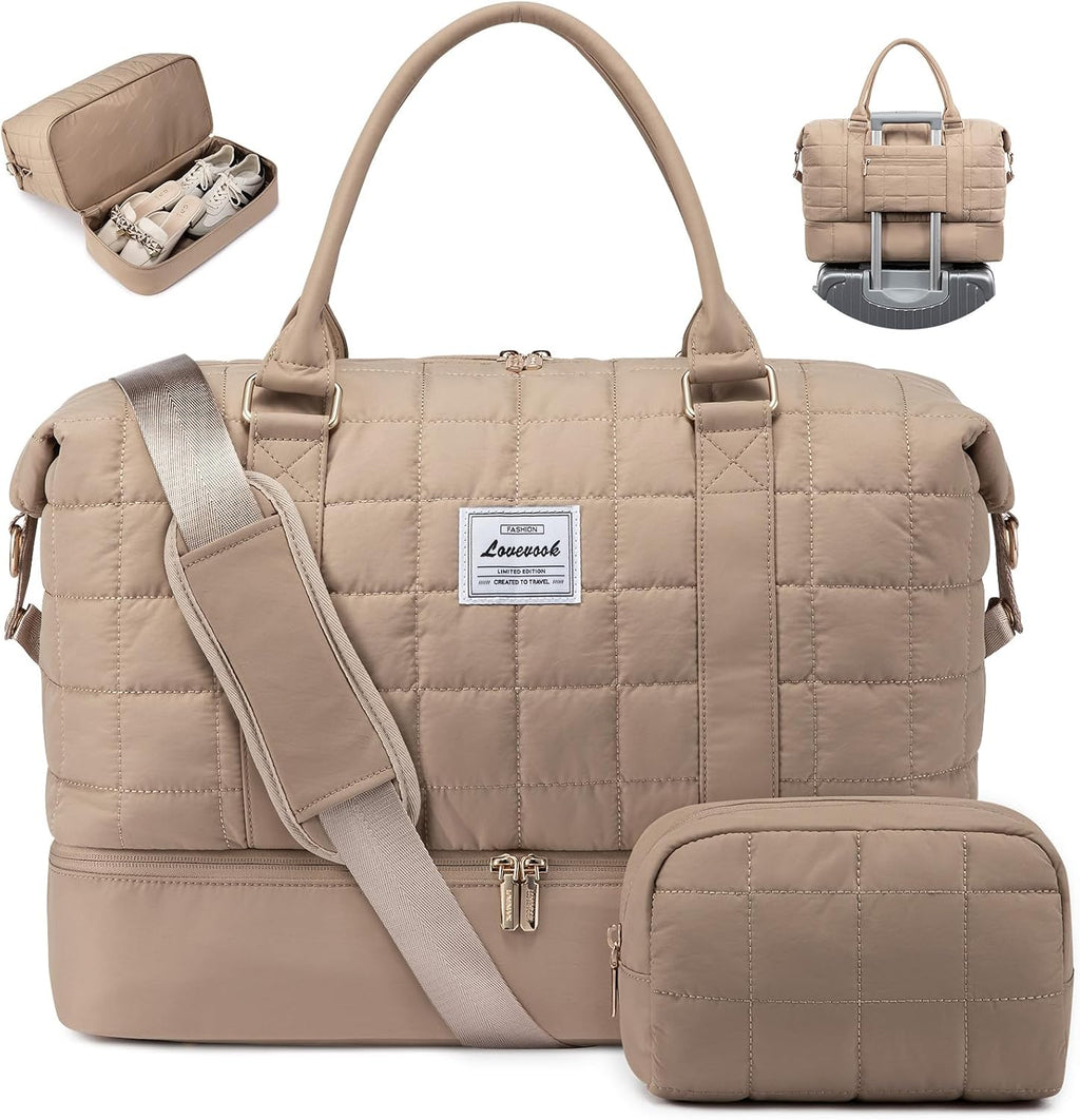 LOVEVOOK Travel Duffel Bag - Versatile Weekender Bag for Women, Puffer Carry On & Overnight Bag for Short Trips, Coffee Brown