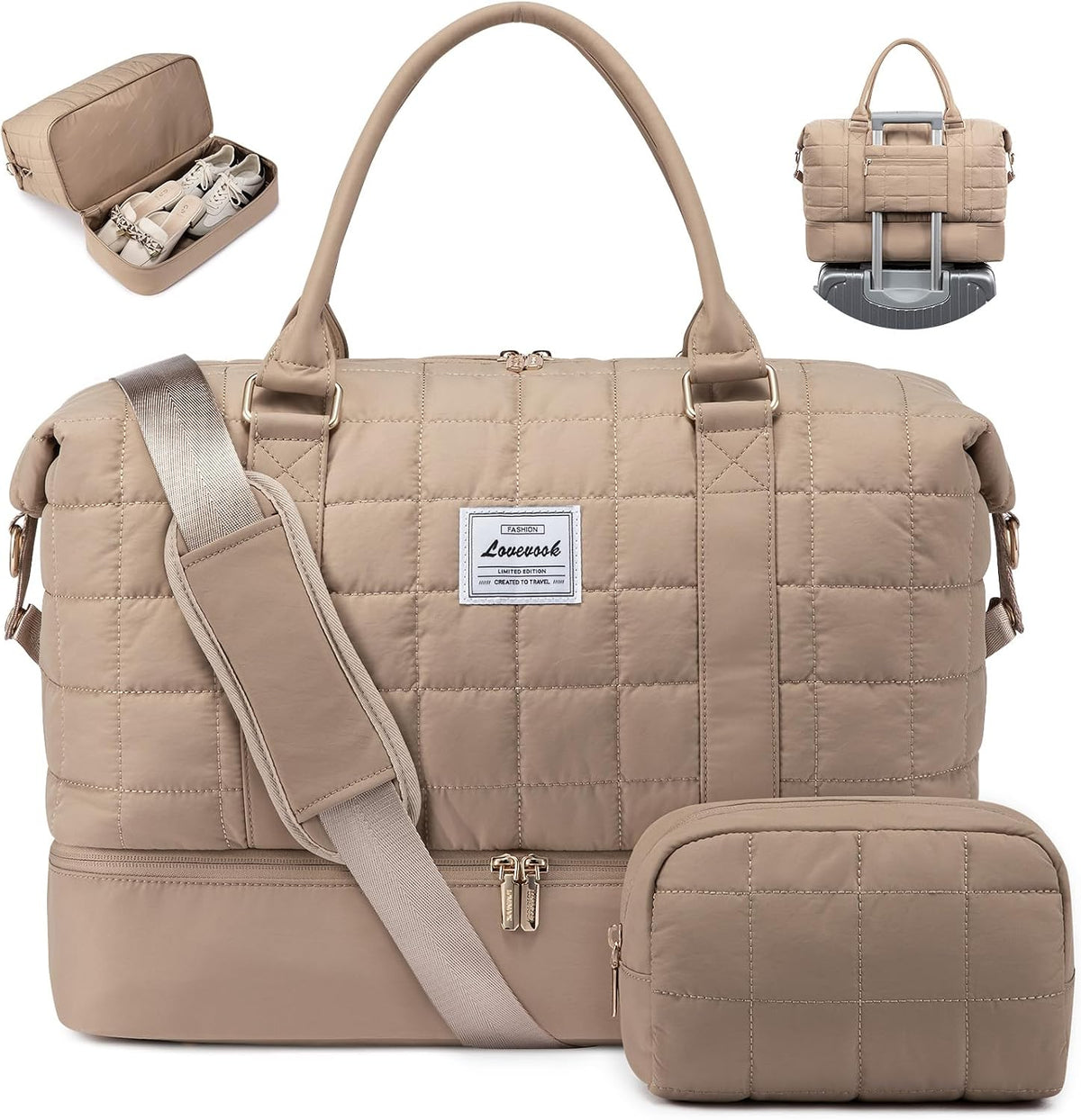 LOVEVOOK Travel Duffel Bag - Versatile Weekender Bag for Women, Puffer Carry On & Overnight Bag for Short Trips, Coffee Brown