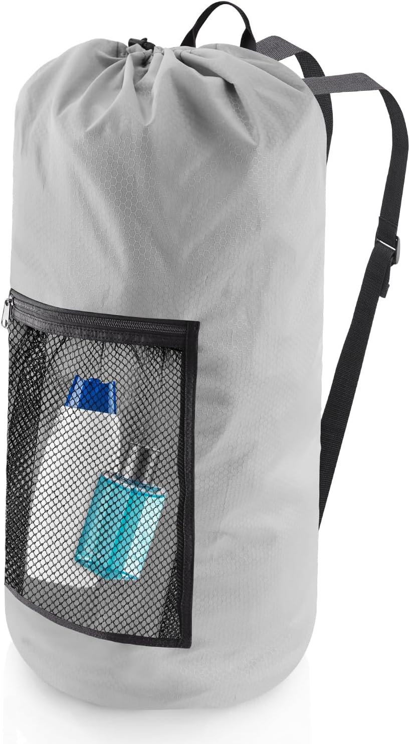 Olosar Laundry Bag Backpack, Extra Large Travel Laundry Bag with Mesh Pocket & Adjustable Shoulder Straps,Dirty Clothes Travel Bag for College Students Dorm,Apartment(Light Gray)