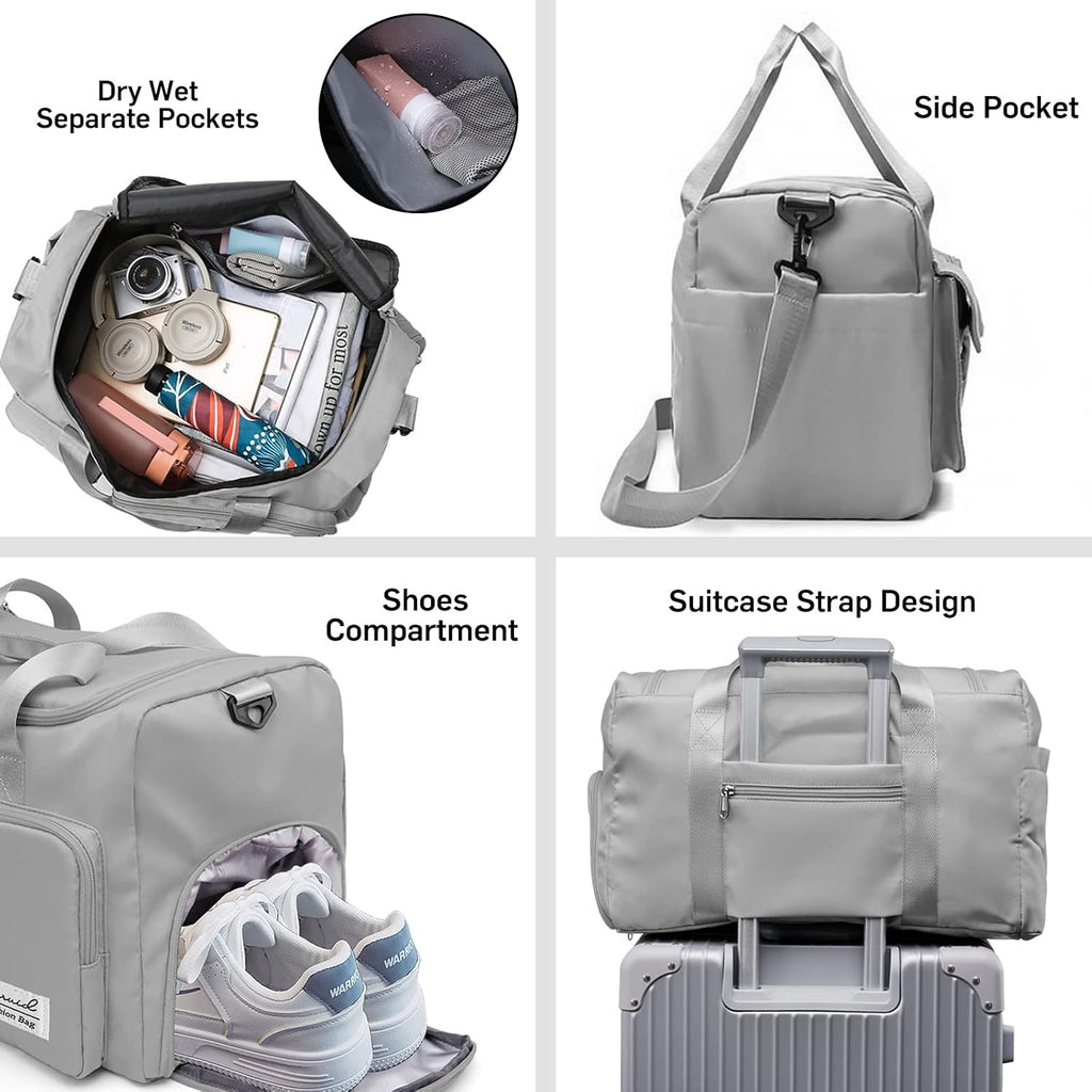 Suruid Gym Bag with Shoe Compartment, Sports Duffle Bag for Women, Gray