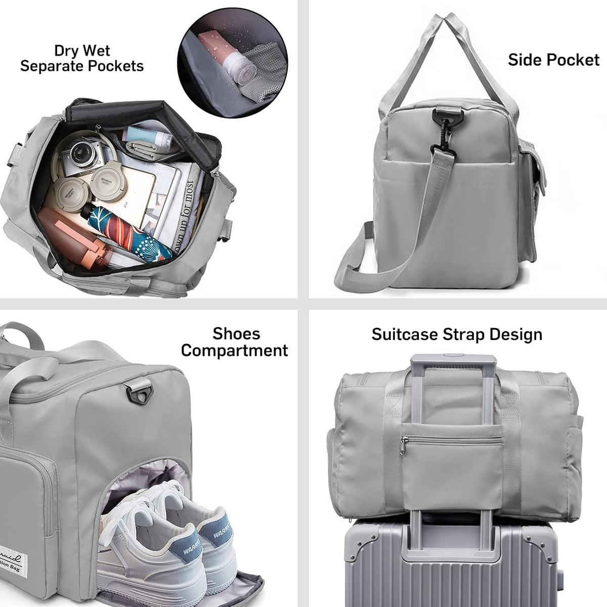 Suruid Gym Bag with Shoe Compartment, Sports Duffle Bag for Women, Gray