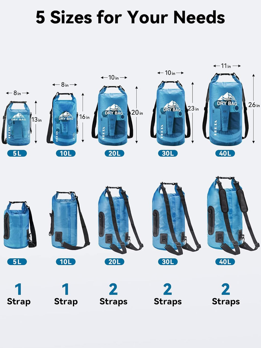 HEETA Waterproof Dry Bag for Women Men (Transparent Blue 5L) Bundled with 2-Pack Waterproof Pouch with Adjustable Waist Strap (Black & Pink)