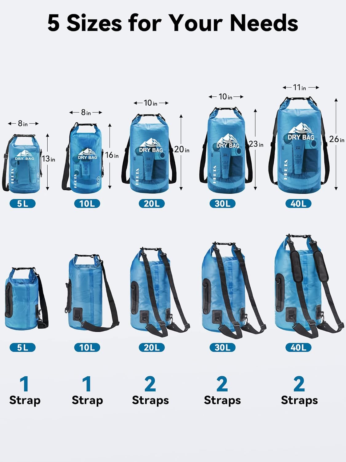 HEETA Waterproof Dry Bag for Women Men (Transparent Blue 5L) Bundled with 2-Pack Waterproof Pouch with Adjustable Waist Strap (Black & Pink)