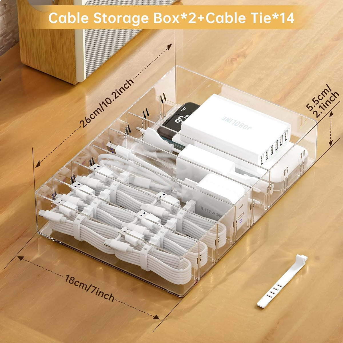 FRETONBA 2 Pcs Clear Cable Charger Organizer Box, Large