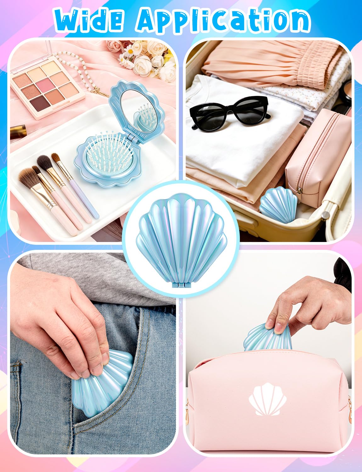 8 Pcs Foldable Travel Shell Hair Brush with Mirror
