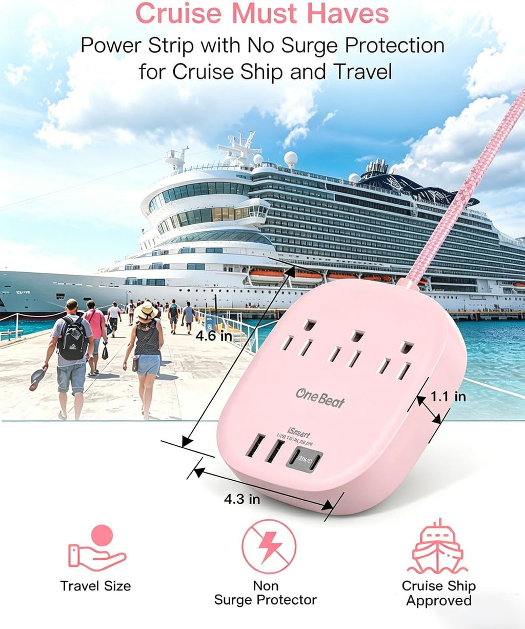 Cruise Ship Travel Essentials, 22.5W/4.5A Flat Plug Power Strip, Pink