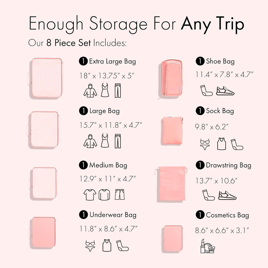 (Not Made In China) Packing Cubes For Travel, Suitcase Organizer Bags, Ultra Lightweight Nylon 8pc Set