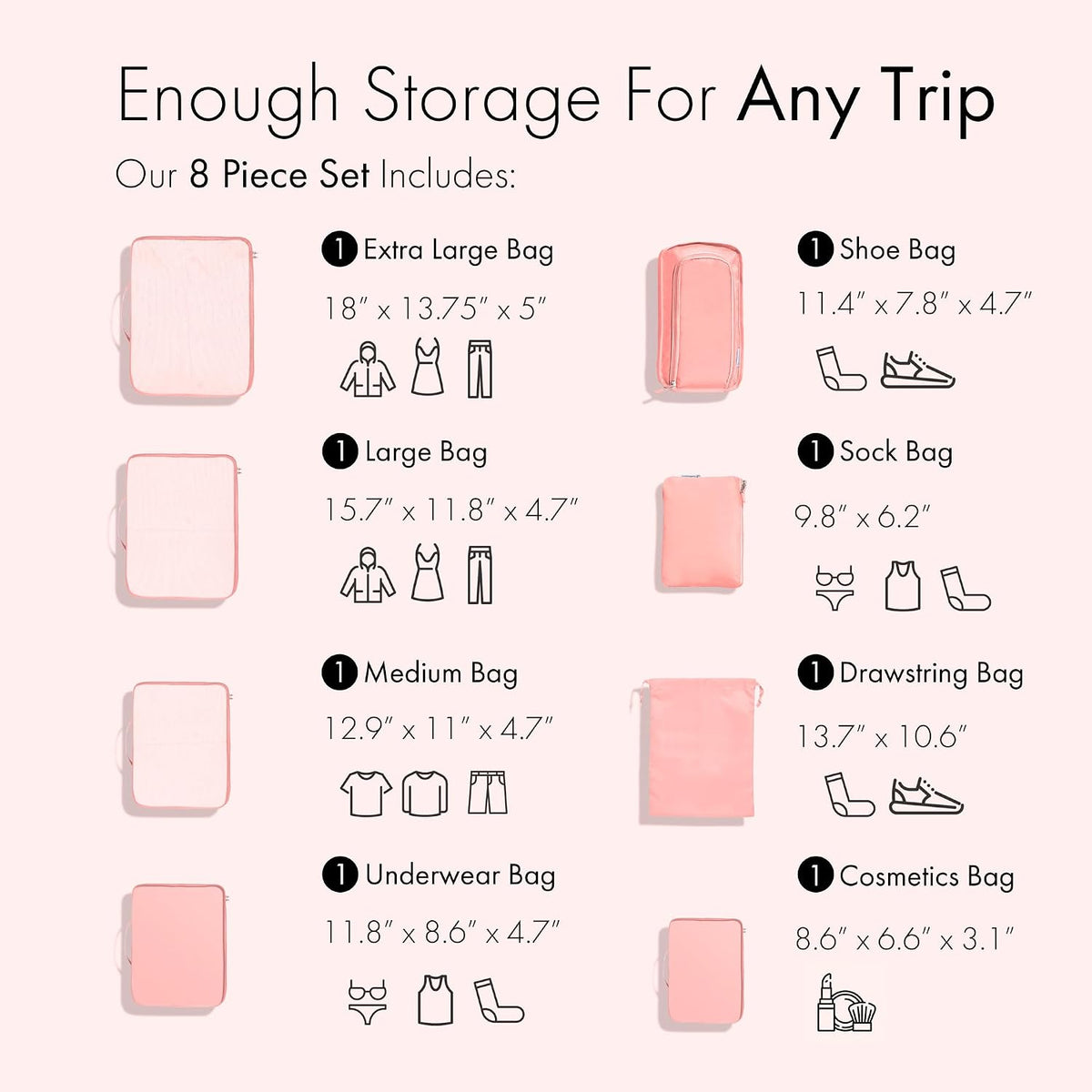 (Not Made In China) Packing Cubes For Travel, Suitcase Organizer Bags, Ultra Lightweight Nylon 8pc Set