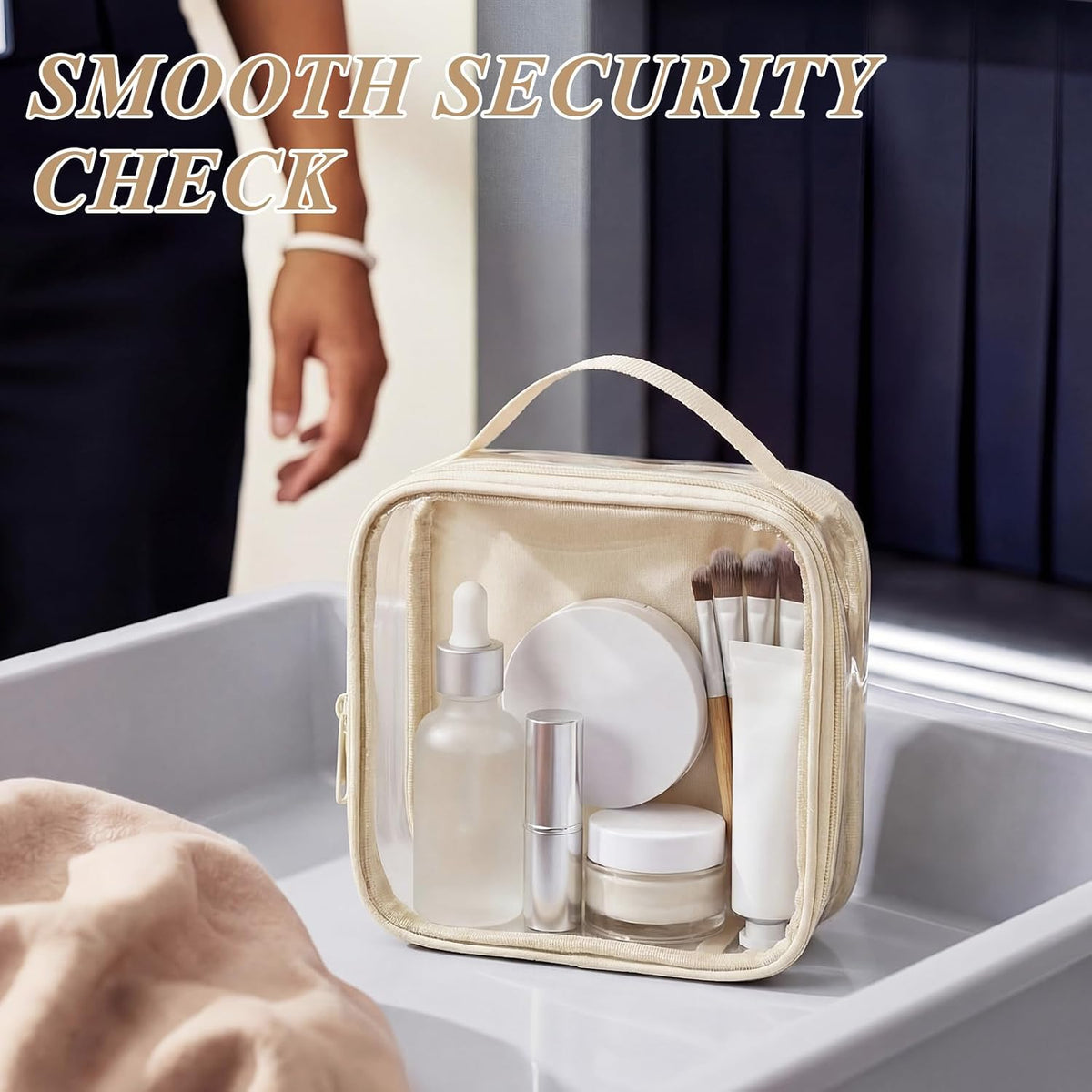 Abbylike 3 Pcs Small Toiletry Bags Reusable Quart Size Travel Liquid Pouch Single-sided Clear PVC Carry-on Organizer with Handle Cosmetic Bags for Airport Security Women Men(Beige)