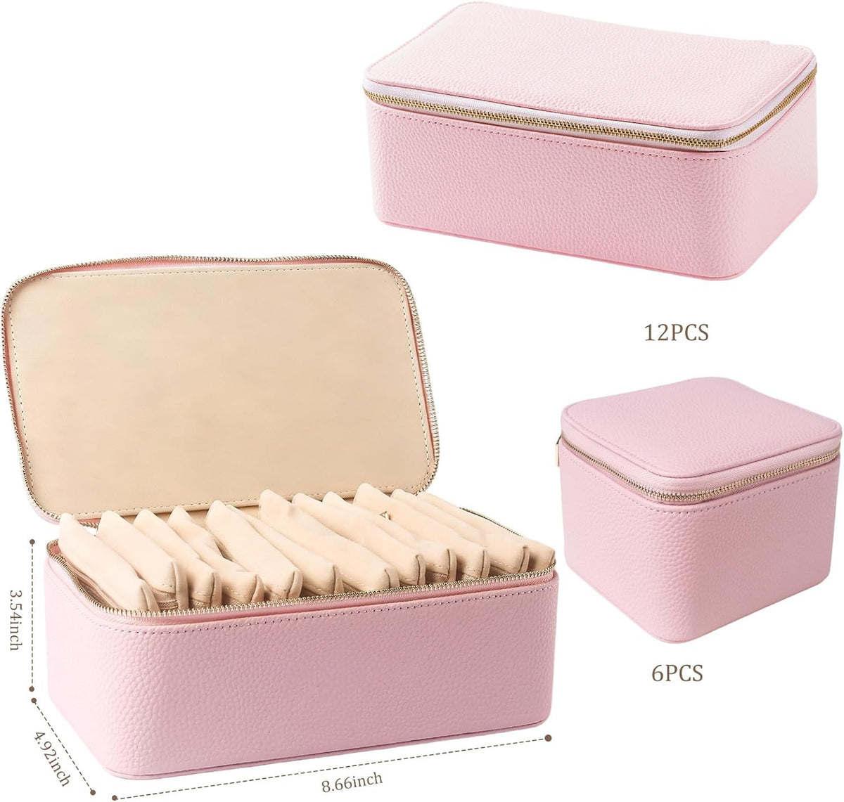 Travel Jewelry Case with 12 Velvet Zipped Pouches Bags, Hot Pink