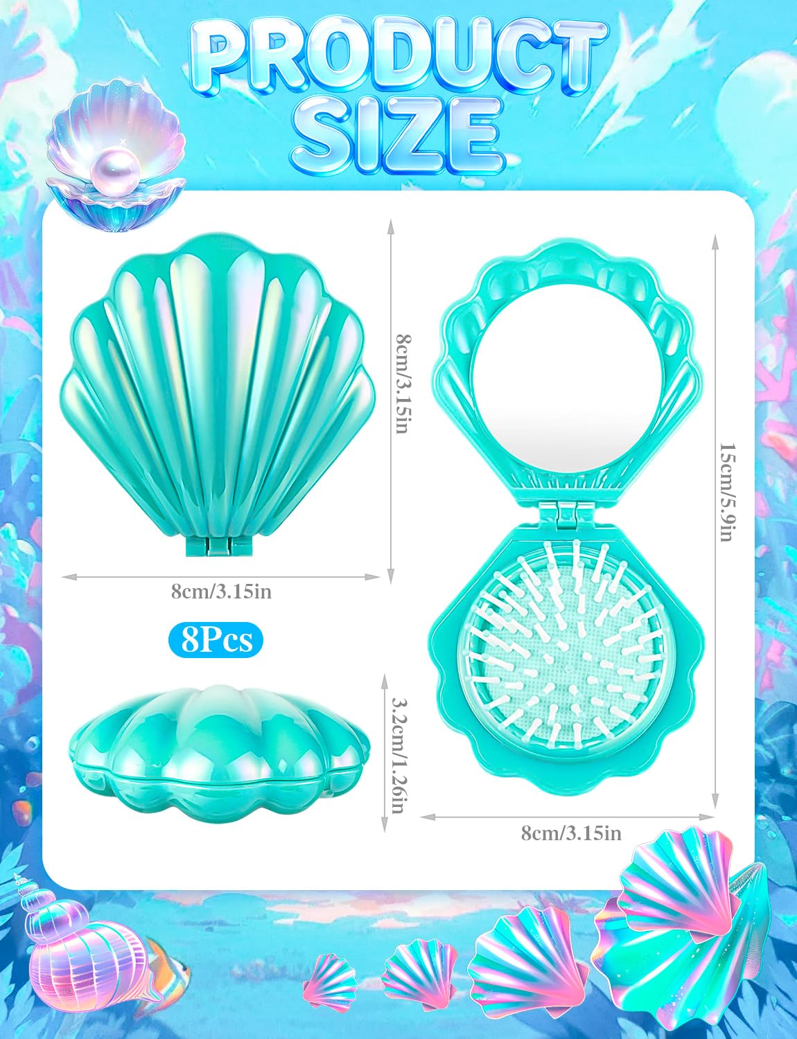 8 Pcs Foldable Travel Shell Hair Brush with Mirror