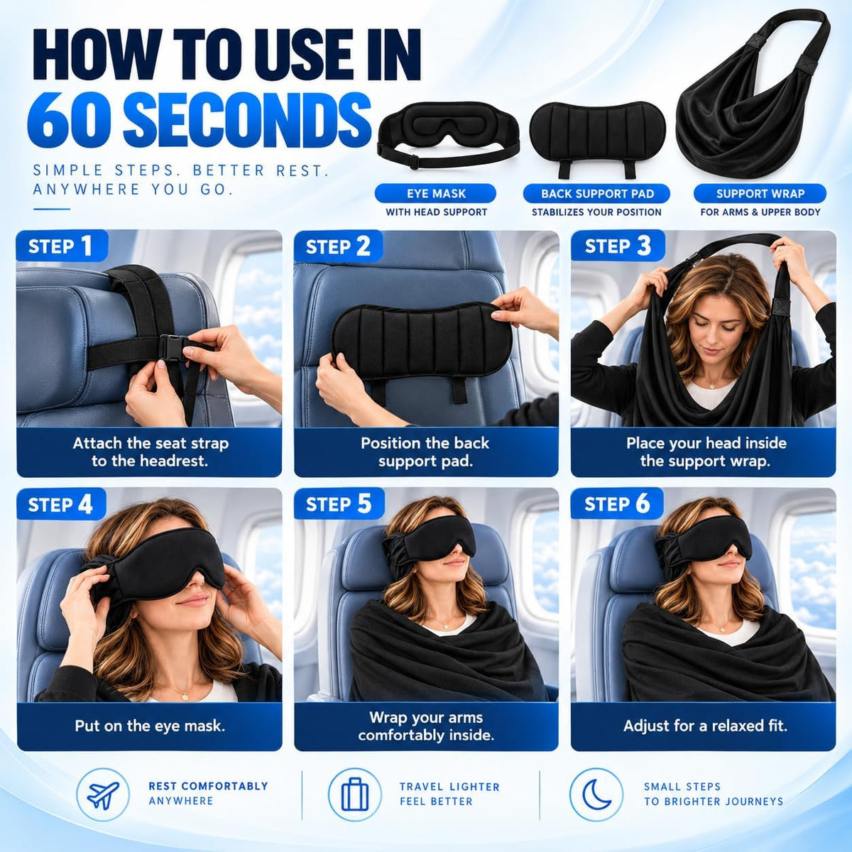3-in-1 Airplane Sleep Support System, Memory Foam Long Haul Flight Pillow with Adjustable Travel Eye Mask and Blanket-Like Body Sling, Sleeper Hold for Flight Car Train