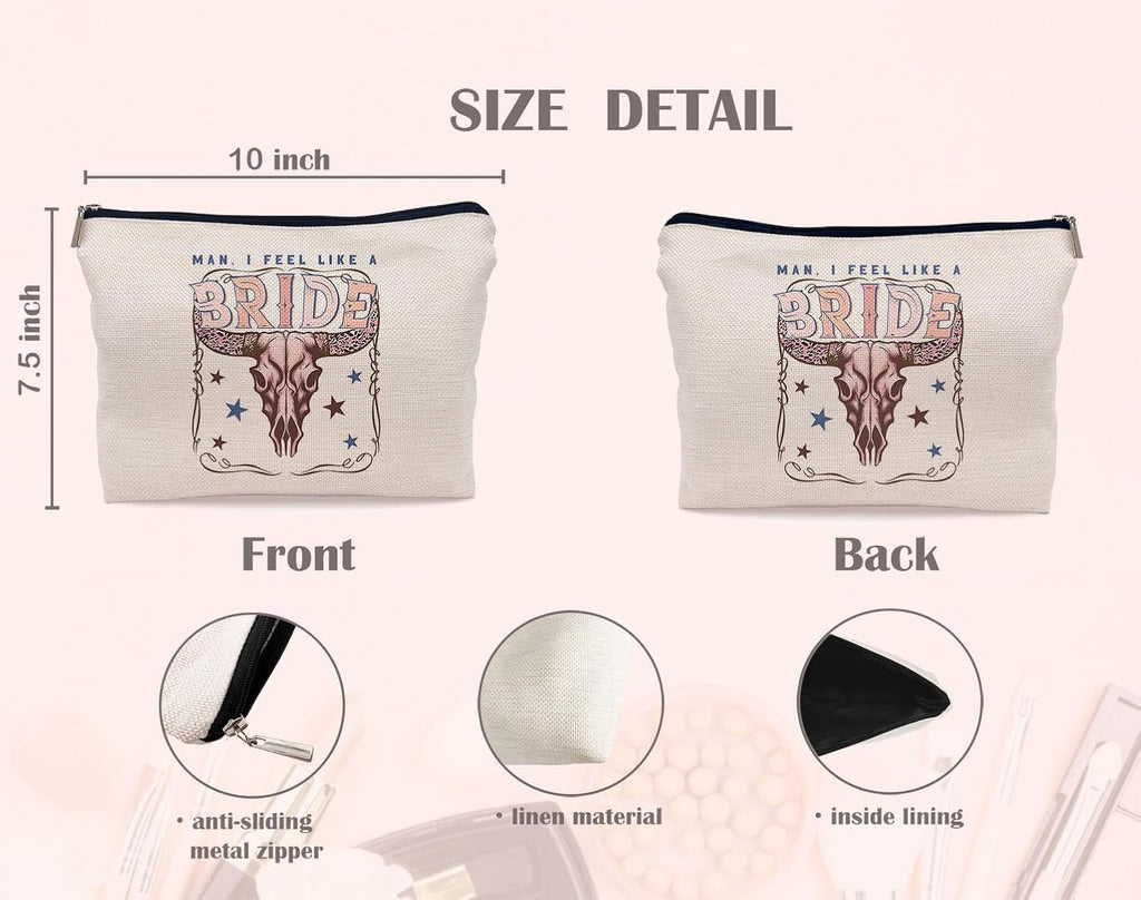 Retro Western Bachelorette Party Nashville Bride Pink Bull Head Skull Makeup Bag,Men I Feel Like a Bride Cosmetic Makeup Bag for Teen Girls Women,Bachelorette Party Gifts Makeup Bag