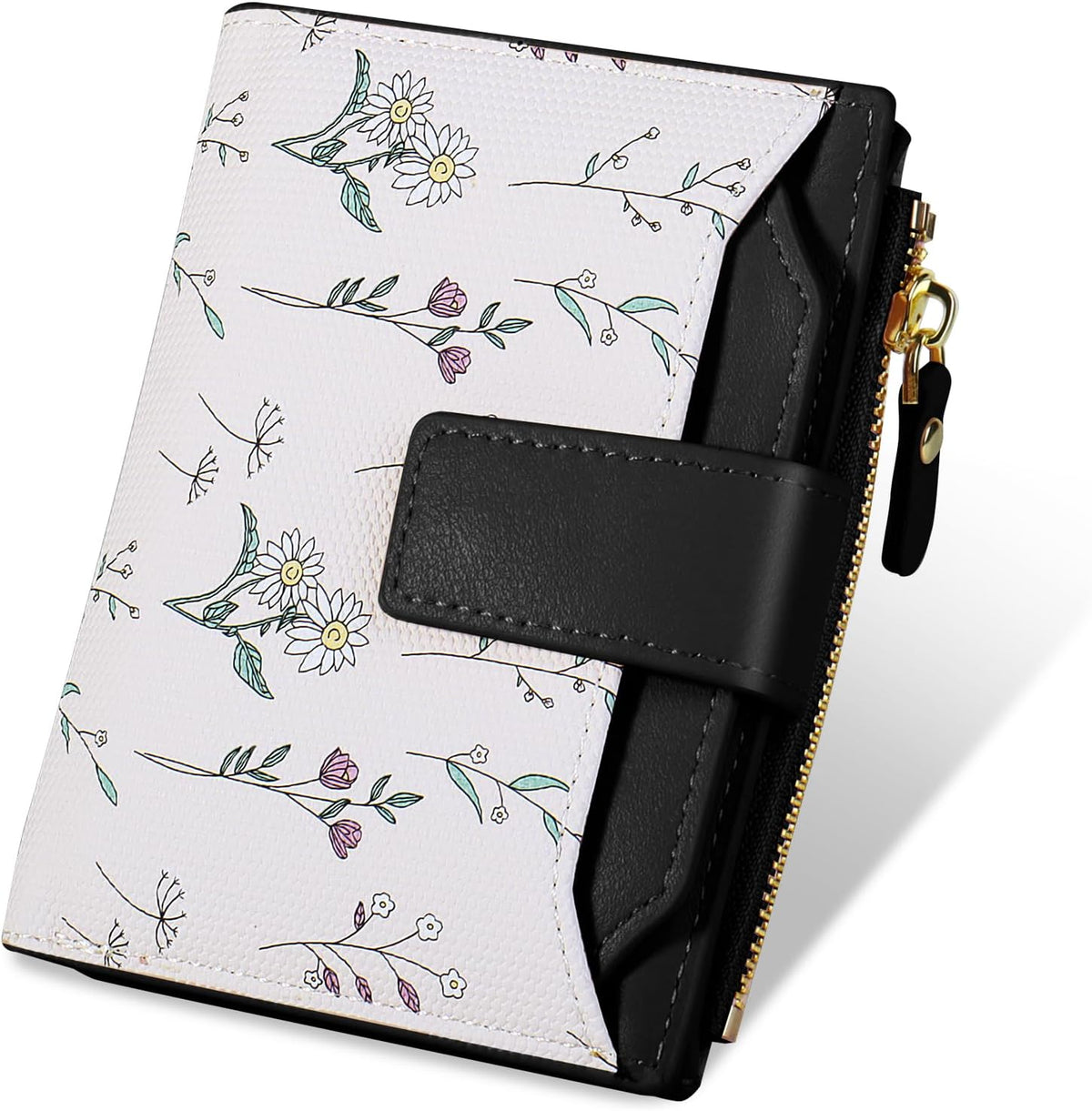 Small Womens Wallet-soft Leather RFID Blocking Bifold Zipper Pocket Credit Card Purse-Floral Pattern Wallet with ID Window (black)