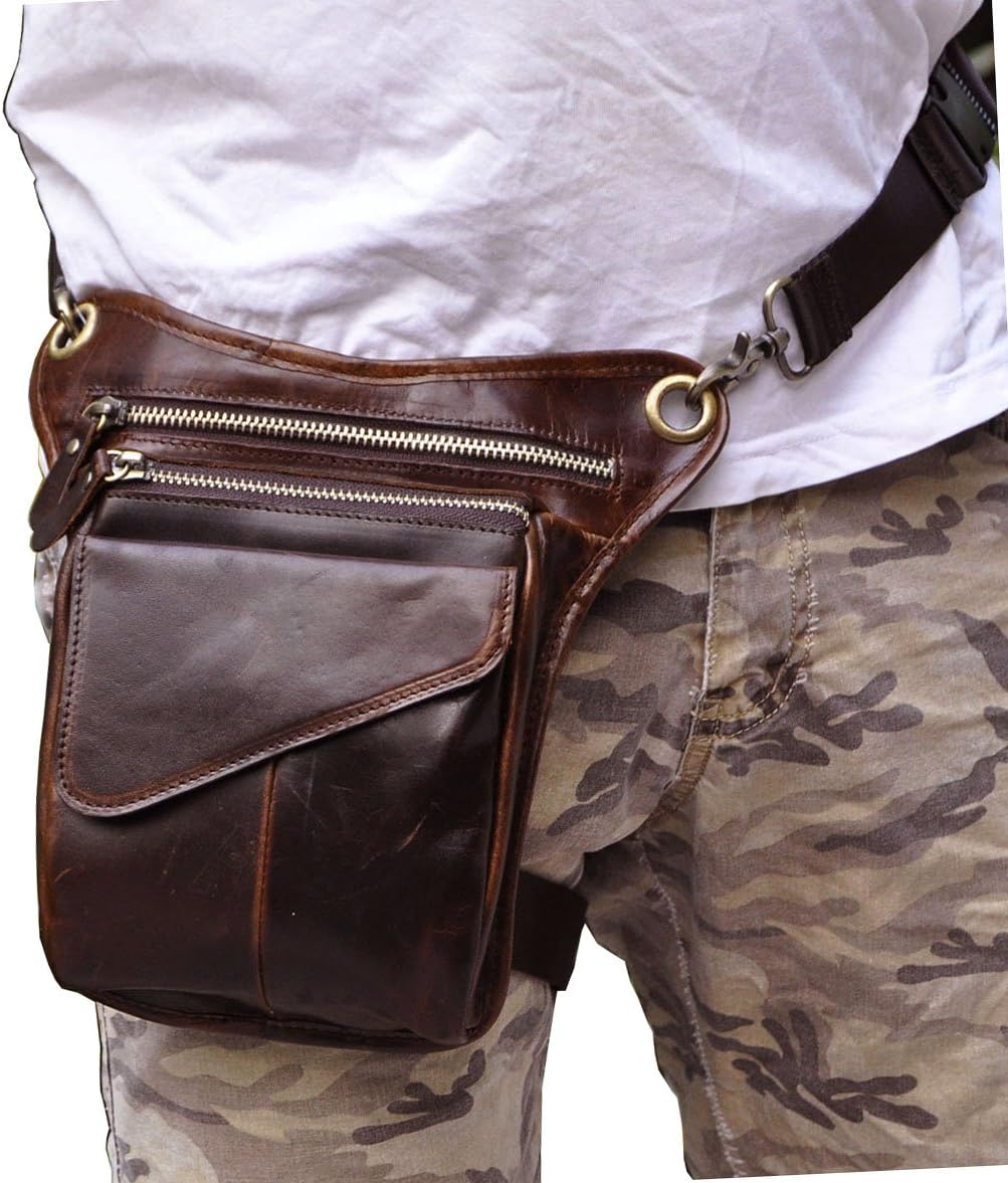 Le'aokuu Mens Genuine Leather Messenger Hiking Waist Hip Bum Pack Drop Leg Bag 211-3