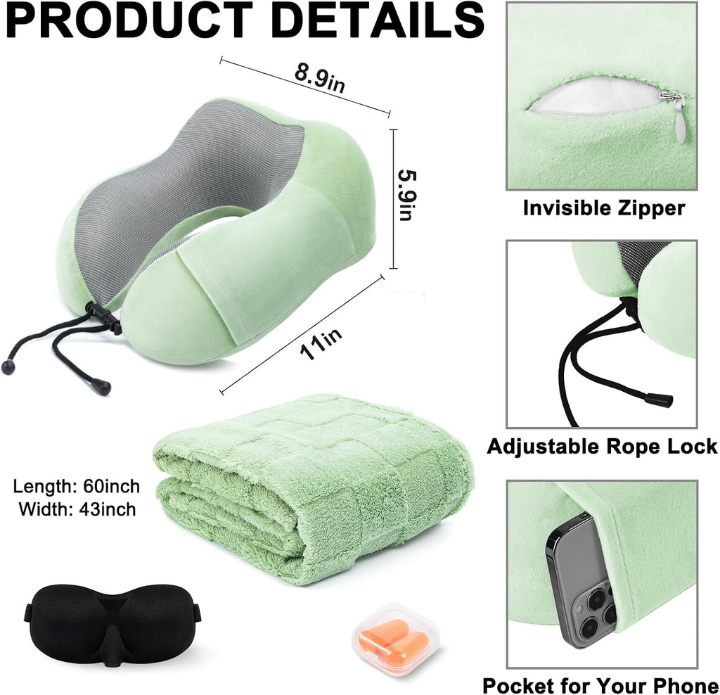 urnexttour Travel Pillow and Blanket Set Neck Pillow Airplane Foam Sage