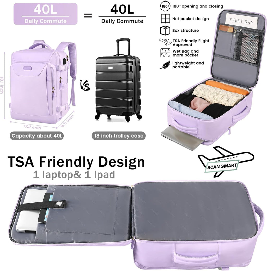 Carry on Backpack, 40L Flight Approved Large Travel Laptop Backpack, 17 Inch Water Resistant Luggage Computer Daypack College Weekender Overnight Bag for Men & Women, purple