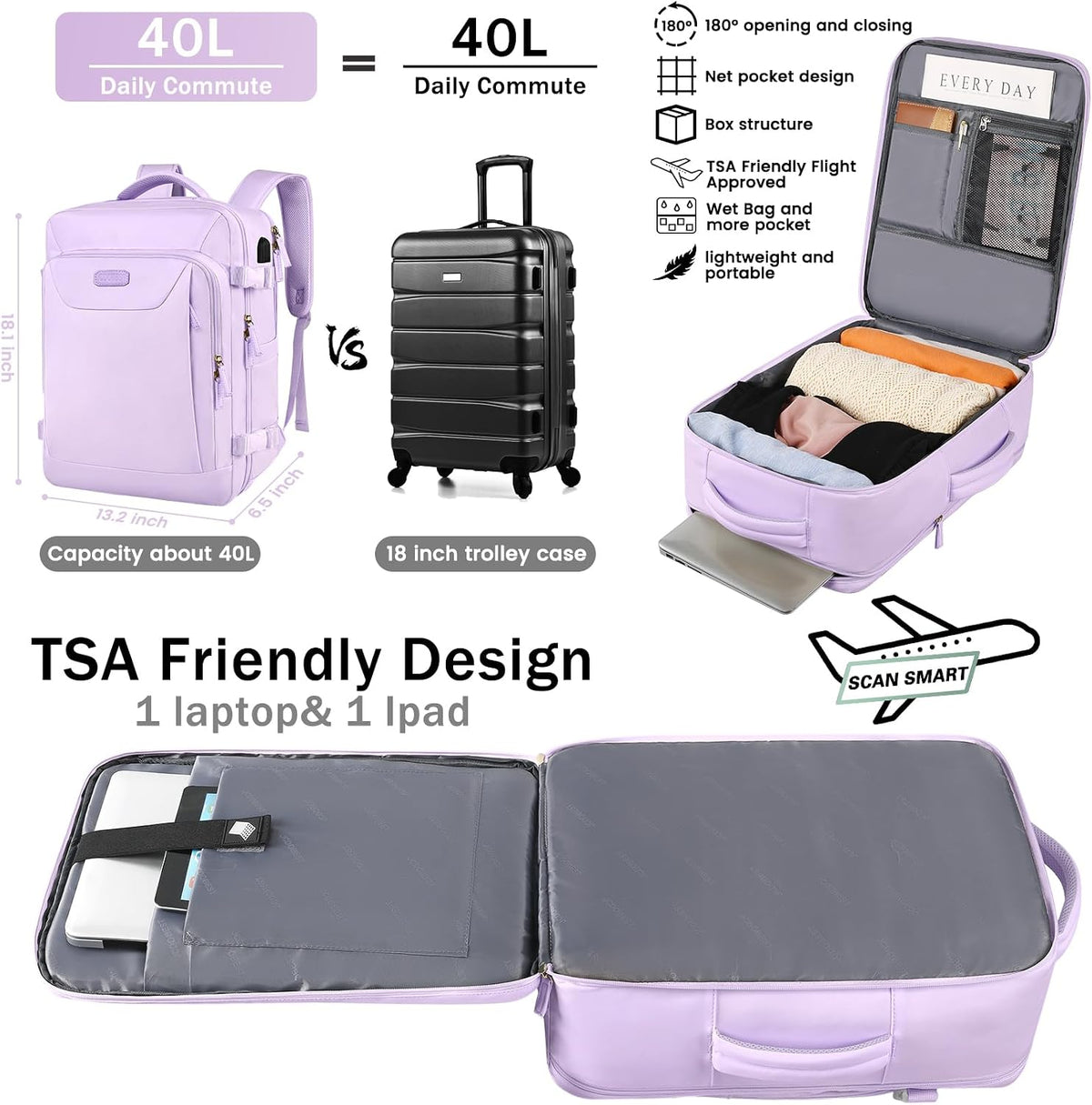 Carry on Backpack, 40L Flight Approved Large Travel Laptop Backpack, 17 Inch Water Resistant Luggage Computer Daypack College Weekender Overnight Bag for Men & Women, purple