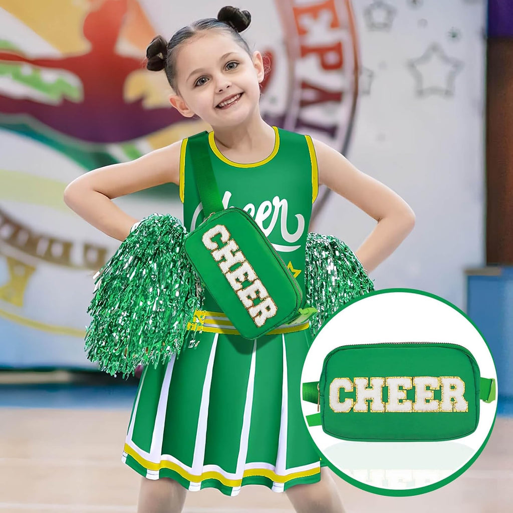 PainZieteg Cheer Fanny Pack for Girls, Chenille Letter Nylon Belt Bag Green