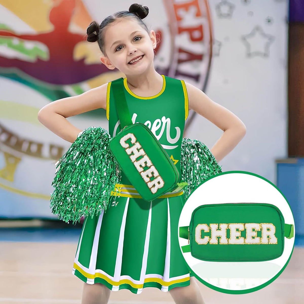 PainZieteg Cheer Fanny Pack for Girls, Chenille Letter Nylon Belt Bag Green