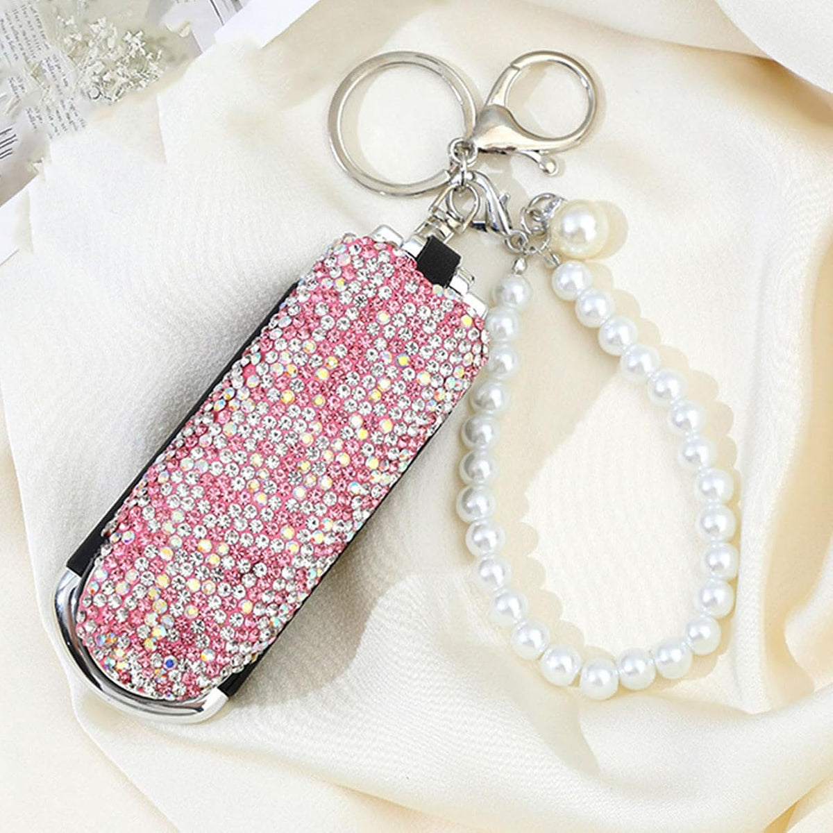 1 Pack Rhinestone Pocket Hair Brush with Mirror Bling Travel Folding Combs Sparkle Portable Collapsible Compact Comb for Women Wedding Party Silver White (With Chain-Pink)