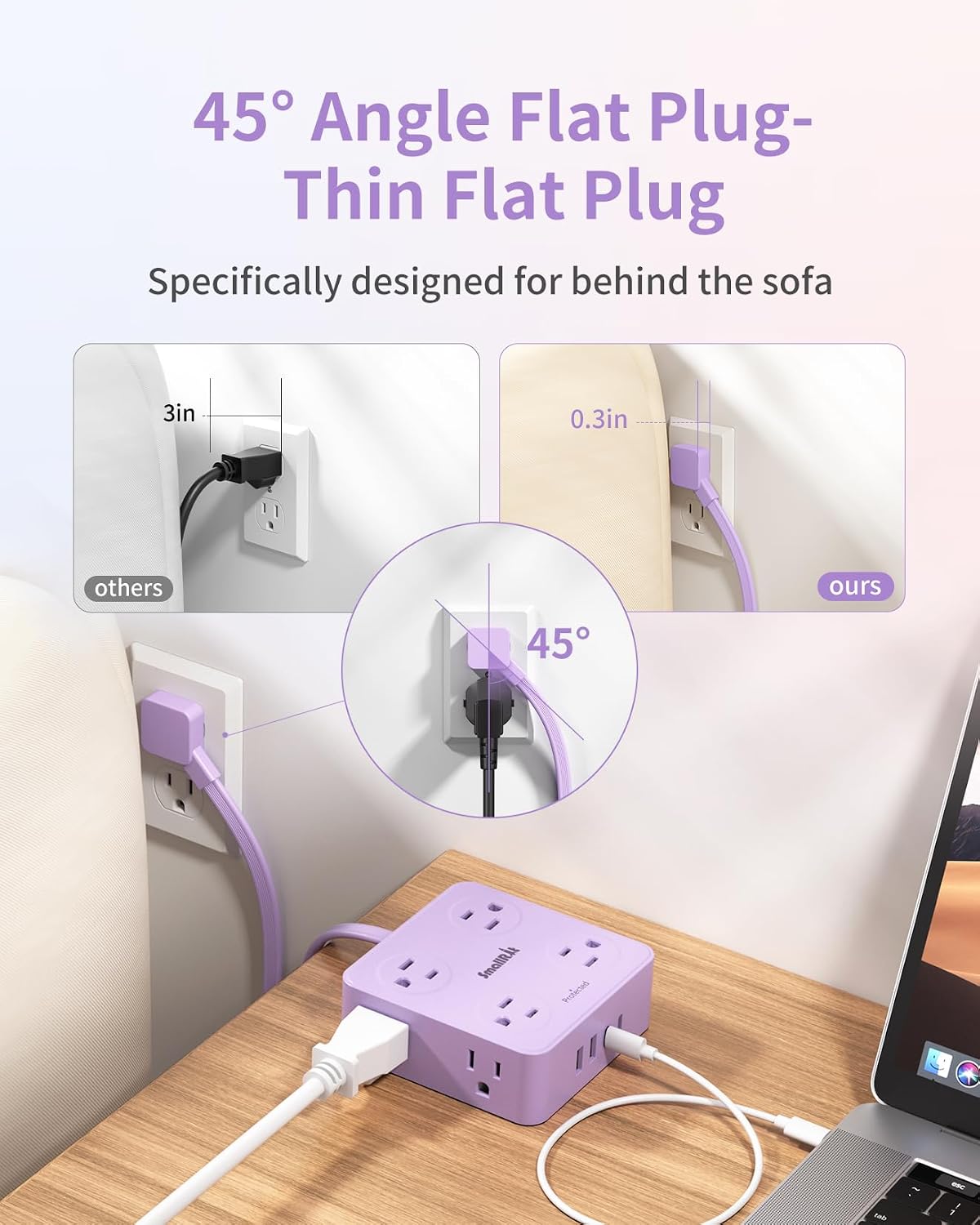 Extension Cord with Multiple Outlets, SMALLRT 10FT Flat Plug Power Strip, Power Strips with USB Ports, 8 Outlets, Outlets Extender for Home Office, Purple