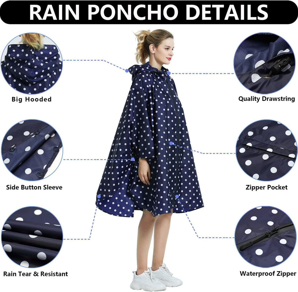 Waterproof Rain Poncho Hooded Outdoor Raincoat with Zipper Pockets