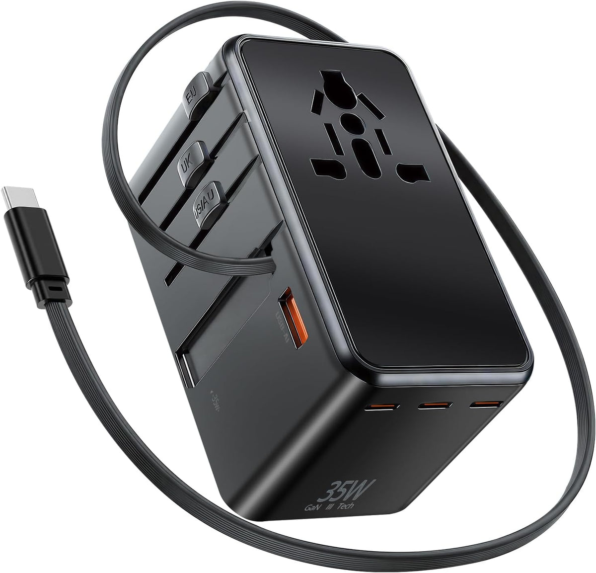35W GaN Universal Travel Adapter with Retractable Type-C Cable,5-in-1Port International Power Adapter (1USB-A + 4 USB-C), Universal Power Adapte for Travel Essentials Plug for EU/UK/US/AU Plug