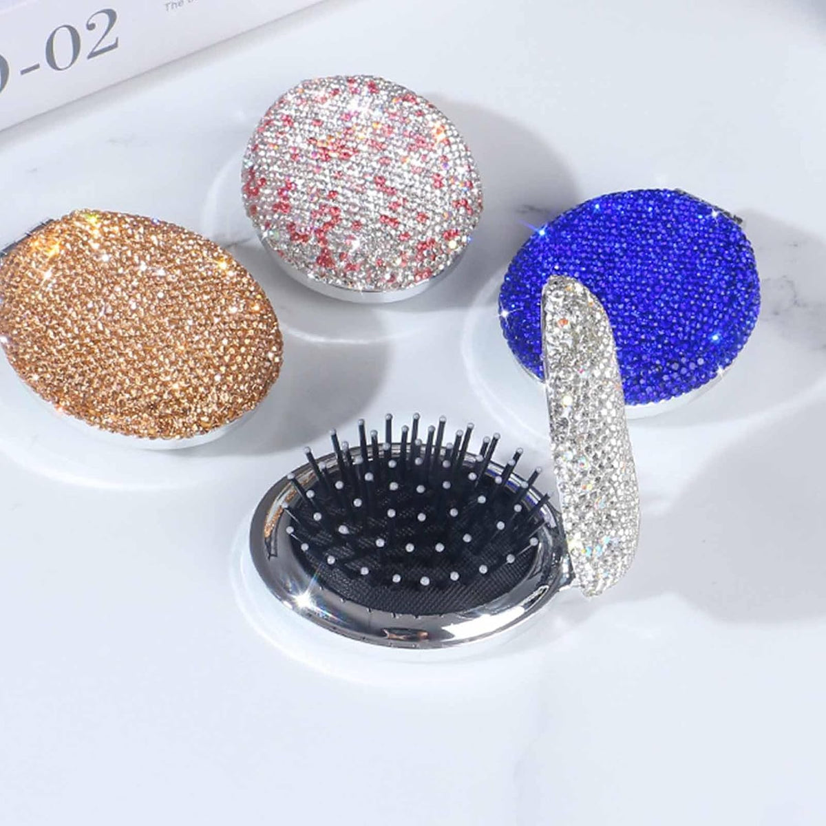 1 Pack Rhinestone Pocket Hair Brush with Mirror Bling Travel Folding Combs Sparkle Portable Collapsible Compact Comb for Women Wedding Party Silver White (No Chain-WIth-Round)