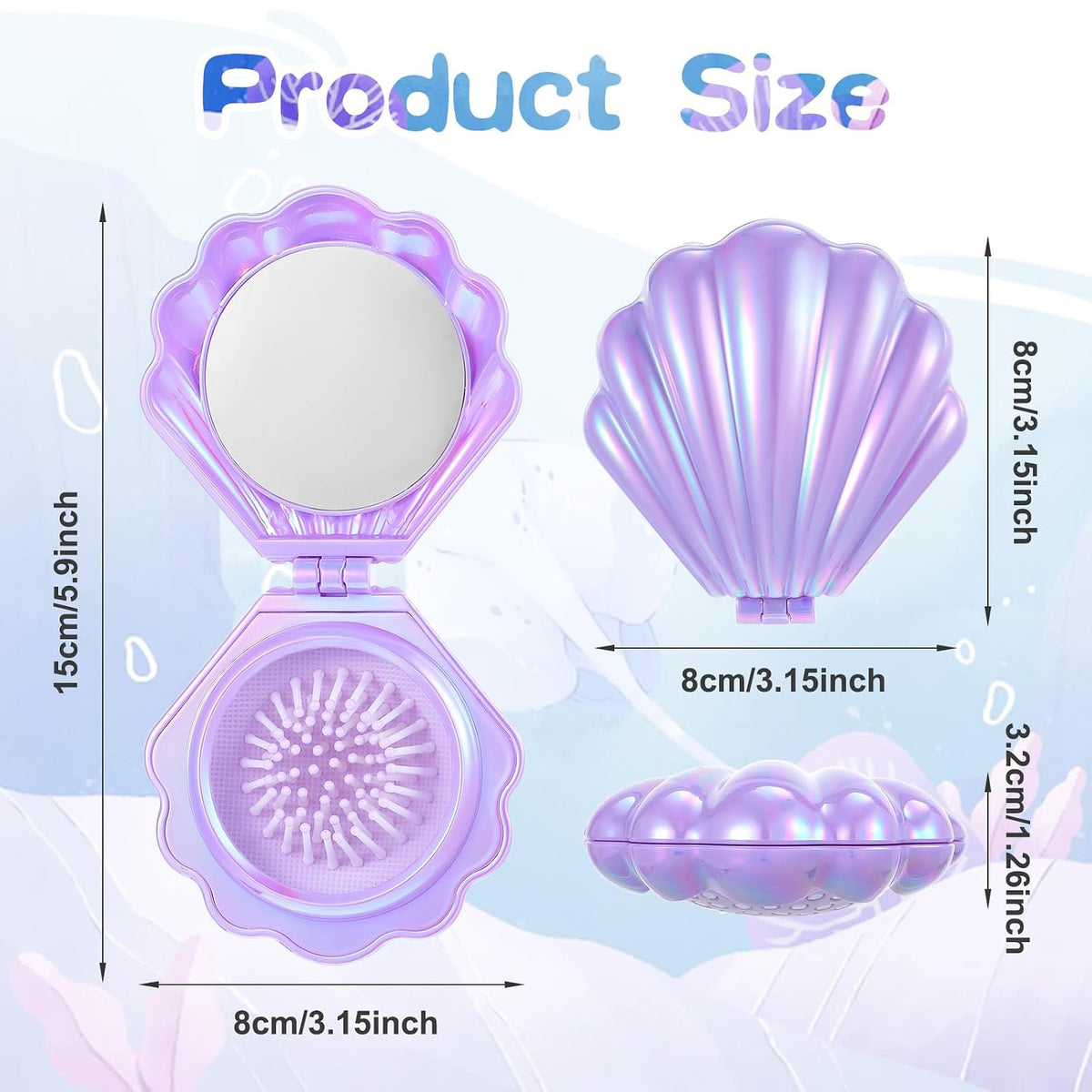 12 Pcs Foldable Shell Hair Brush with Mirror, Mermaid Party Favors Mini Travel Pocket Compact Hair Brush Makeup Comb for Women Girls Hairstyles Bridal Shower Gift Party Supplies (Purple)