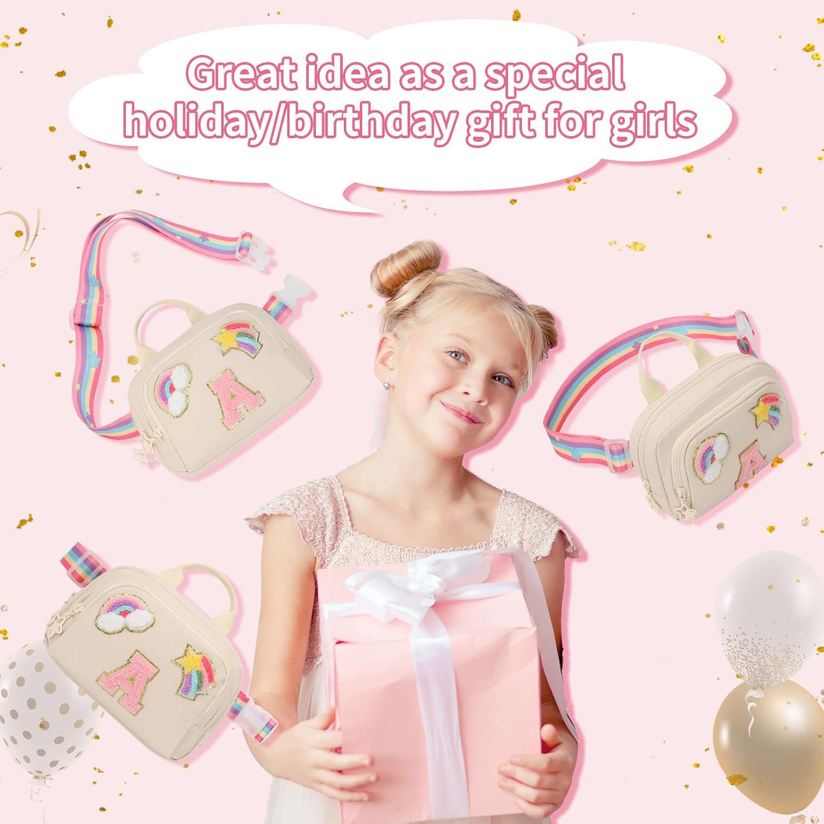Fanny Pack for Girls, Cute Purse for Girls Teens Crossbody Bag for Kids Belt Bag With 2 Compartments Trendy Stuff Graduation Birthday Gifts for 4 5 6 7 8 9 10 11 12 13 Years Old Beige Initial F