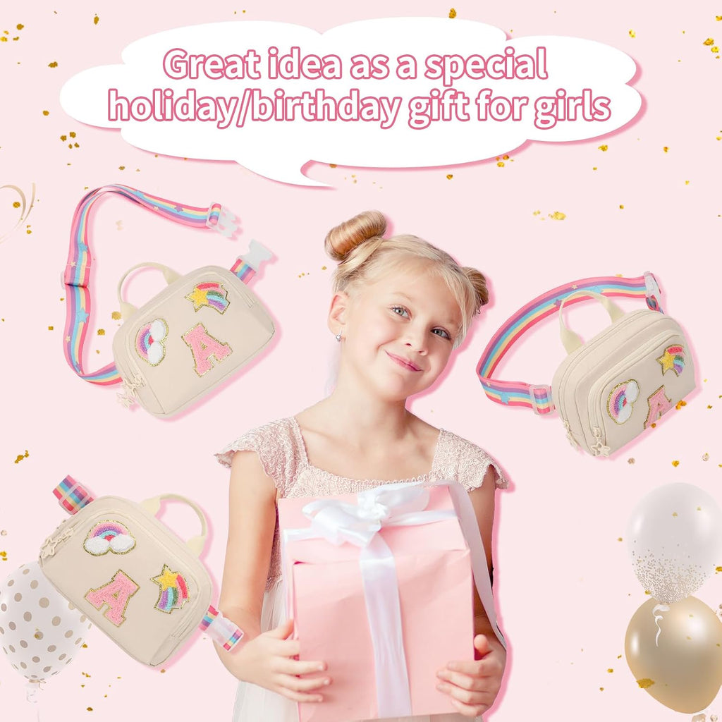 Fanny Pack for Girls, Cute Purse for Girls Teens Crossbody Bag for Kids Belt Bag With 2 Compartments Trendy Stuff Graduation Birthday Gifts for 4 5 6 7 8 9 10 11 12 13 Years Old Beige Initial T