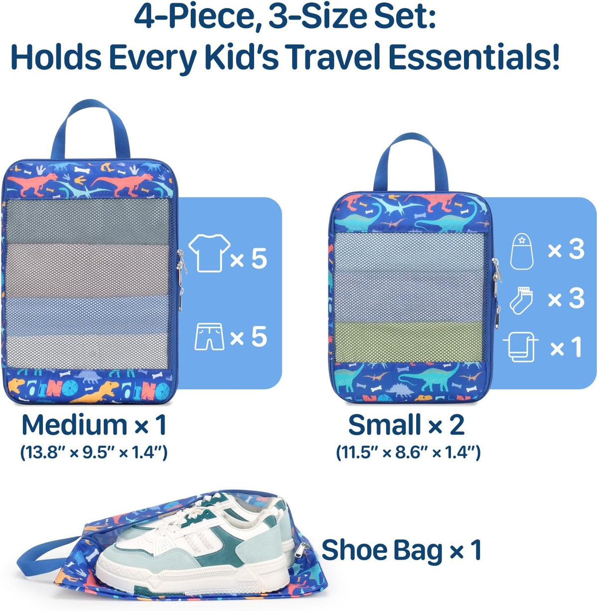 Kids Compression Packing Cubes - 4 PCS Sets, Blue Dinosaur
