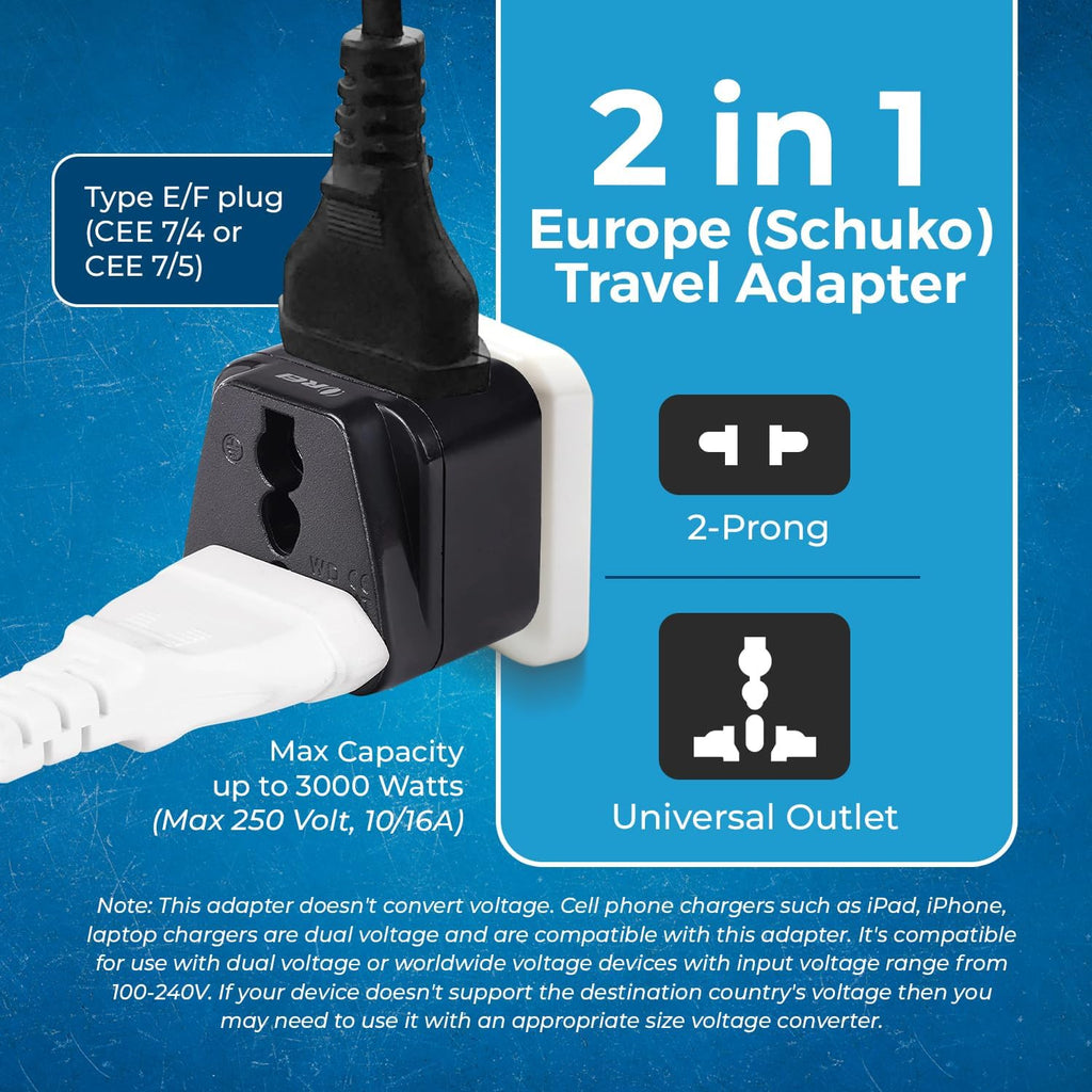 OREI Germany France Type E/F Travel Adapter Plug, 2-in-1 EU Outlet, 300 Pk
