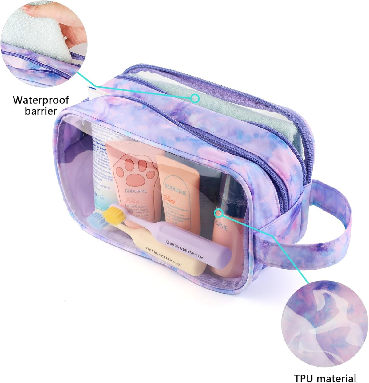 Kids Toiletry Bag for Girls, Travel Clear Toiletry Bag for Little Young Girls Cosmetic Bag Makeup Bag Waterproof Hanging Toddler Wash Bag, Purple Tie Dye