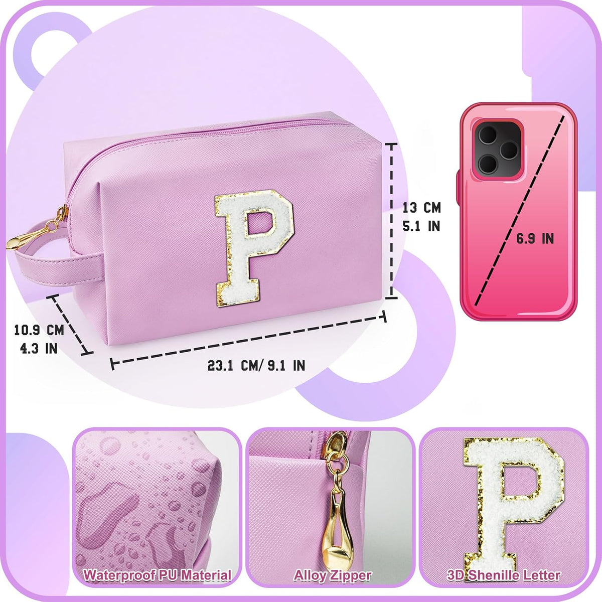 Personalized Initial Makeup Bag with Handle, Preppy Cosmetic Bag with Inner Zipper Pocket, 8 9 10 11 12 13 14 Years Old Girl, Graduation Gifts for Teen Girls Women Teachers (P, Purple)